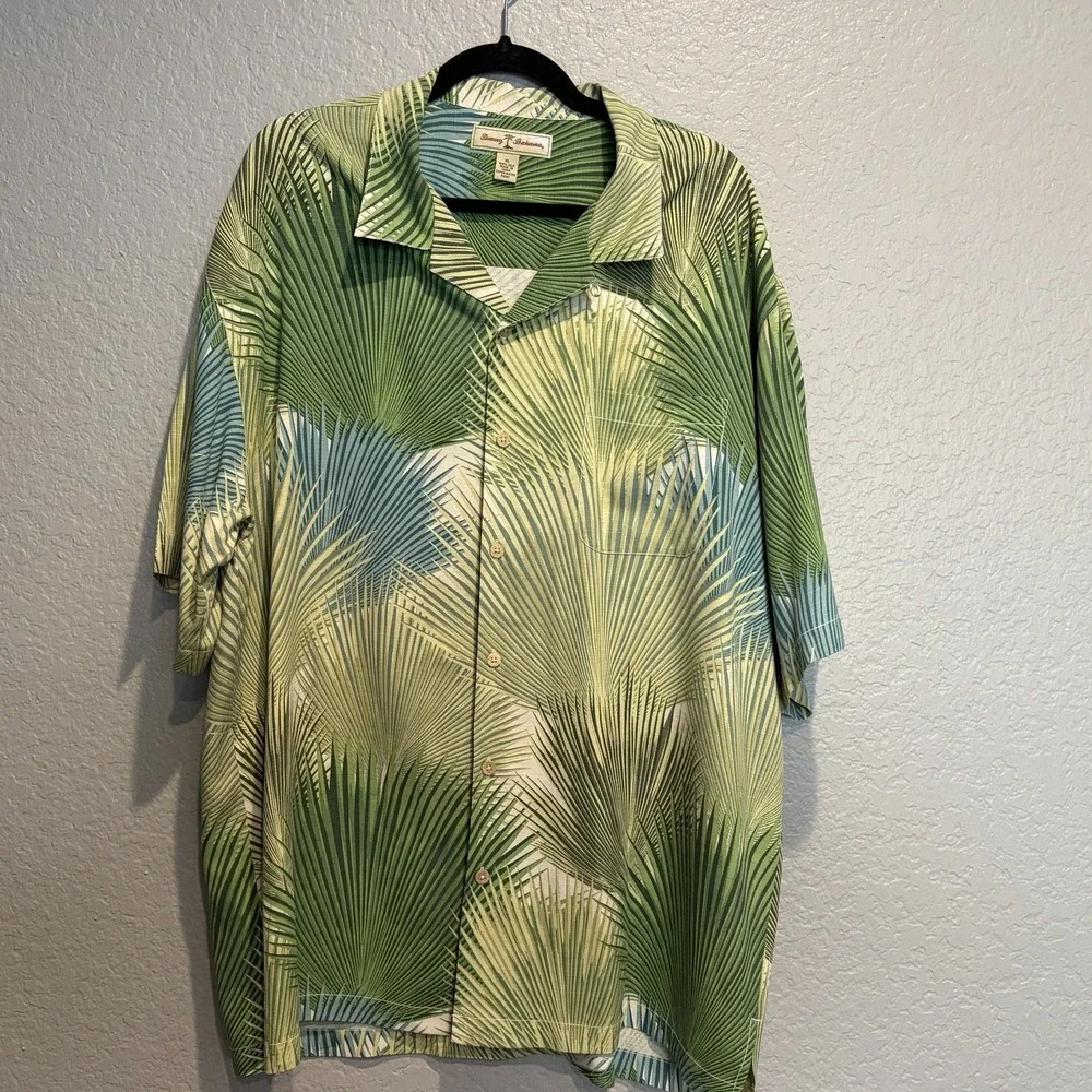Tommy Bahama Men's‎ X-Large 100% Silk Tropical Palm Leaf Floral Green Camp Shirt